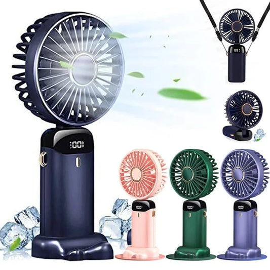 Electric Handheld Fan Portable Mini Fan Foldable Neck Hanging Fans 5 Speed USB Rechargeable Fan With LED Display Screen 1800mAh