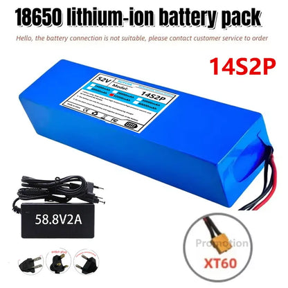 Batterie Li-ion 52V 5200mAH Avec BMS, 14S2P, Batterie 1500W Intégrée Pour Vélos, Scooters, Motos + Chargeur 58,8V2A