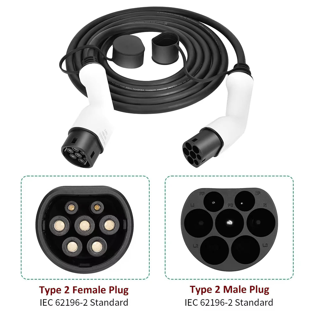 Type2 To Type2 Portable 5M EV Charging Cable 32/16A 3.5/7/11/22KW For EV Cars Full Length 5M With Public Charging Stations