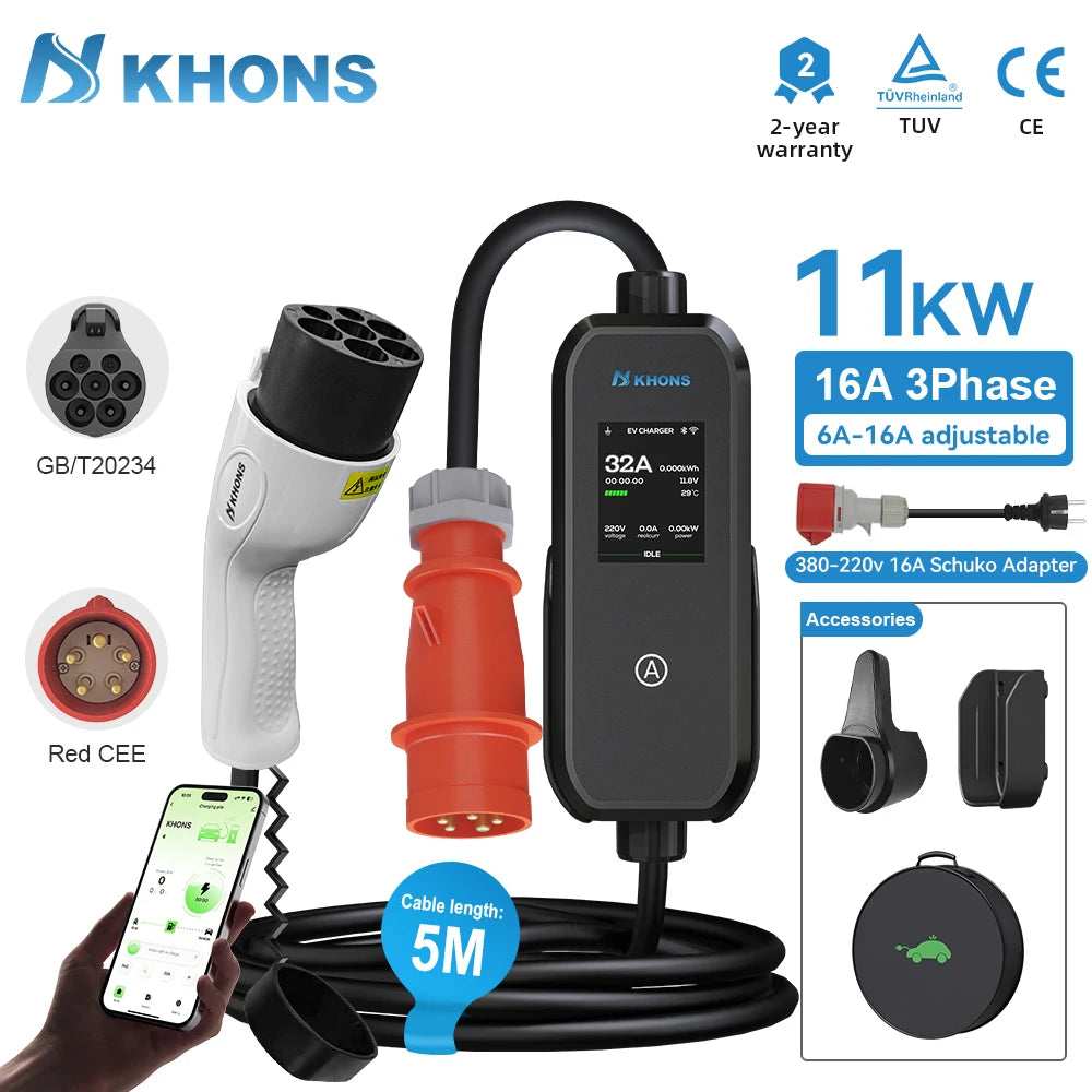 Khons 11KW 16A 3-Phase GB/T EV Charger Portable EVSE Charging Box with APP Control 5m TPU Cable For Electric Cars