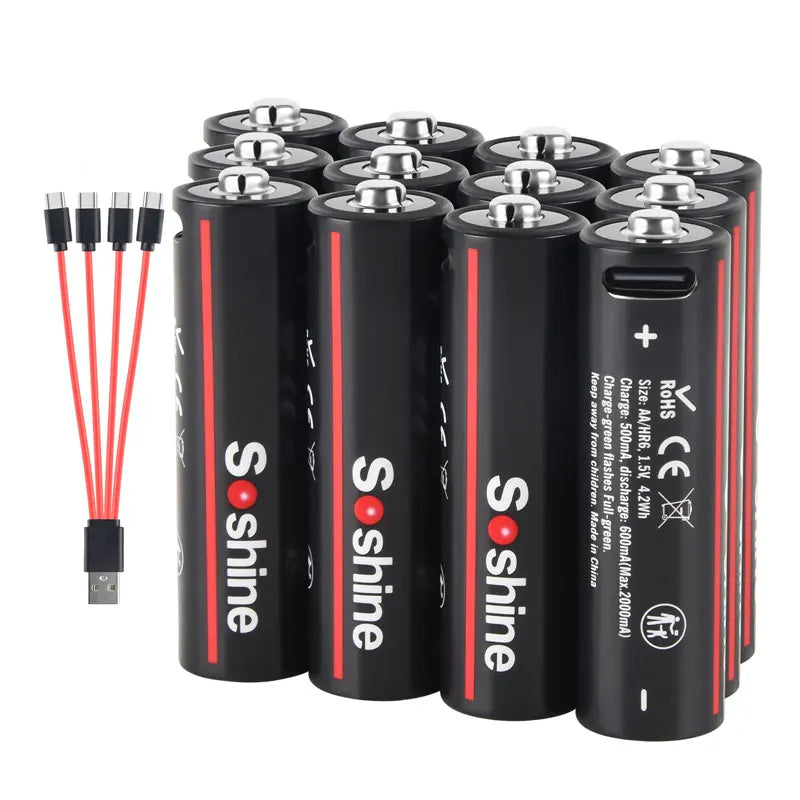 Soshine AA and AAA Li-ion Rechargeable Batteries USB Lithium 1.5V AA 2600mWh 3500mwh 4200mwh +1.5V AAA 600mwh 1100mWh Battery