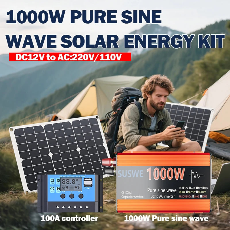 Solar System Kit 1000W 12V to AC 220V/110V Inverter+600W Solar Panel+100A Controller, Suitable for Charging RVs, Cars, Laptops