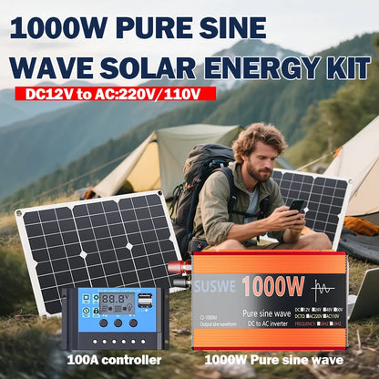 Solar System Kit 1000W 12V to AC 220V/110V Inverter+600W Solar Panel+100A Controller, Suitable for Charging RVs, Cars, Laptops