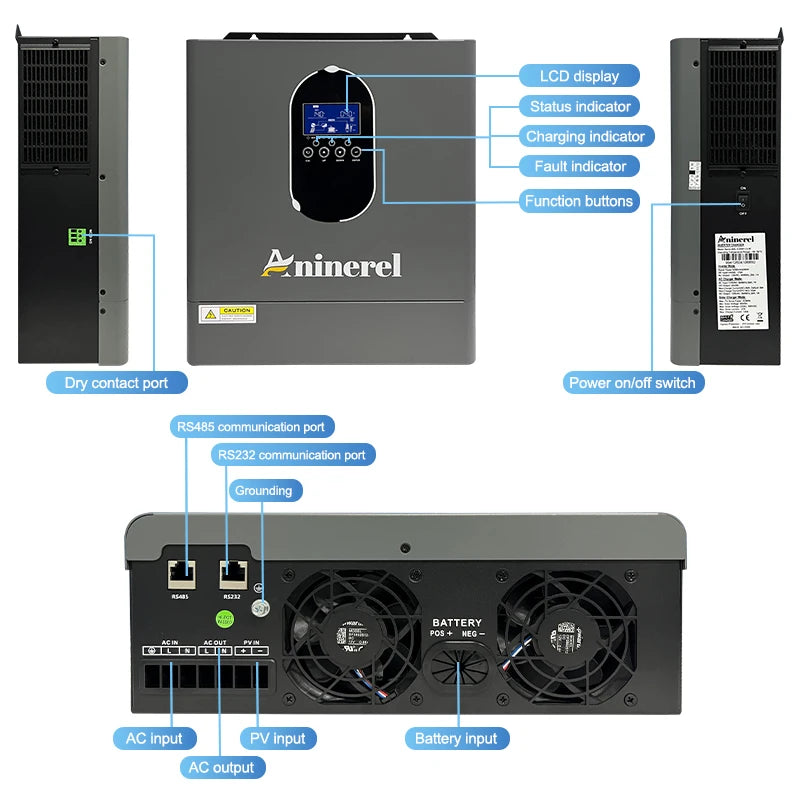 Aninerel 4200W 24V 120A Solar Inverter 120Vac Off-Grid Hybrid Home MPPT Inverter Pure Sine Wave With WIFI