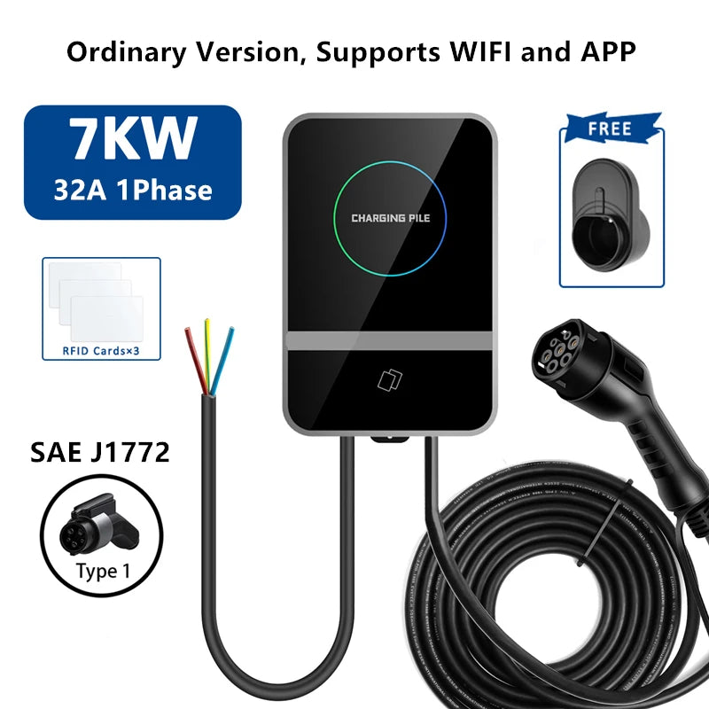 EV Charging Station IEC62196 J1772 Electric Vehicle Charger EVSE Wallbox Wallmount 7KW 22KW Type2 Type1 GBT Cable APP Cards