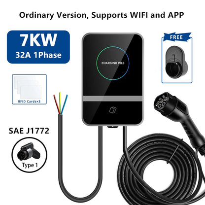 EV Charging Station IEC62196 J1772 Electric Vehicle Charger EVSE Wallbox Wallmount 7KW 22KW Type2 Type1 GBT Cable APP Cards