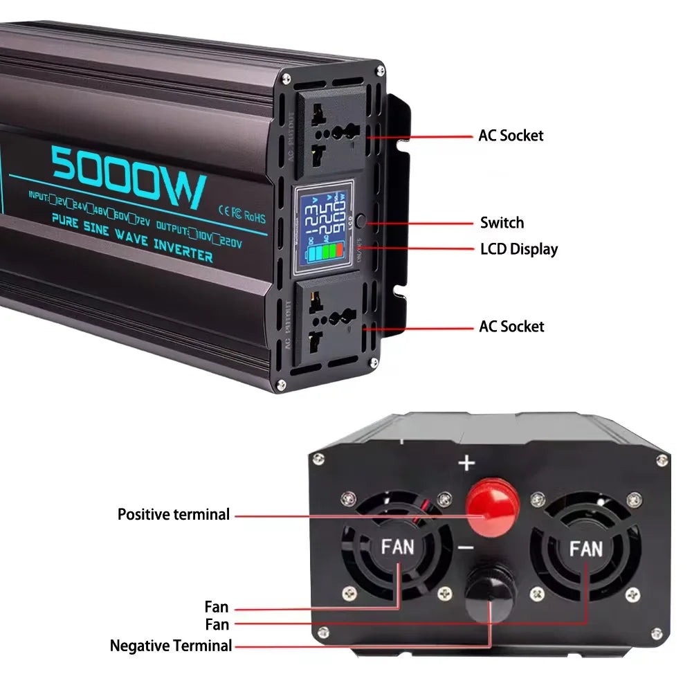 Pure Sine Wave Inverter DC 12V 24V 48V 60V to AC 220V 50Hz/60Hz 2000W 3000W 4000W 5000W Solar Car Power Inverter Converter