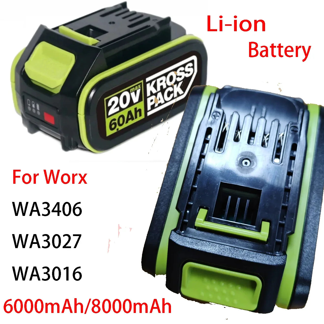 For WORX 20V 6.0Ah/8.0Ah 5pin WA3016 WA3023 WA3027 Li-ion Battery For dewalt tools for WORX Cordless Power Tool Model Battery