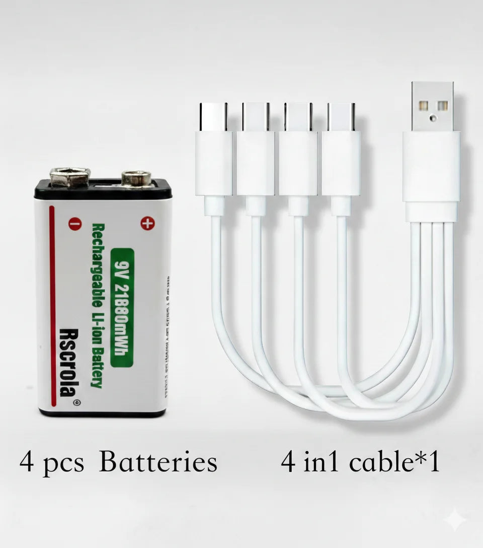 Rechargeable Li-ion High Capacity Battery, 1200+ Cycles, Constant Output for 9V Devices