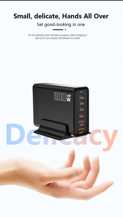 200W Gallium Nitride Multi Port Charging Station - Electronic Devices for Mobile Phones/Tablets Can Be Charged Simultaneously