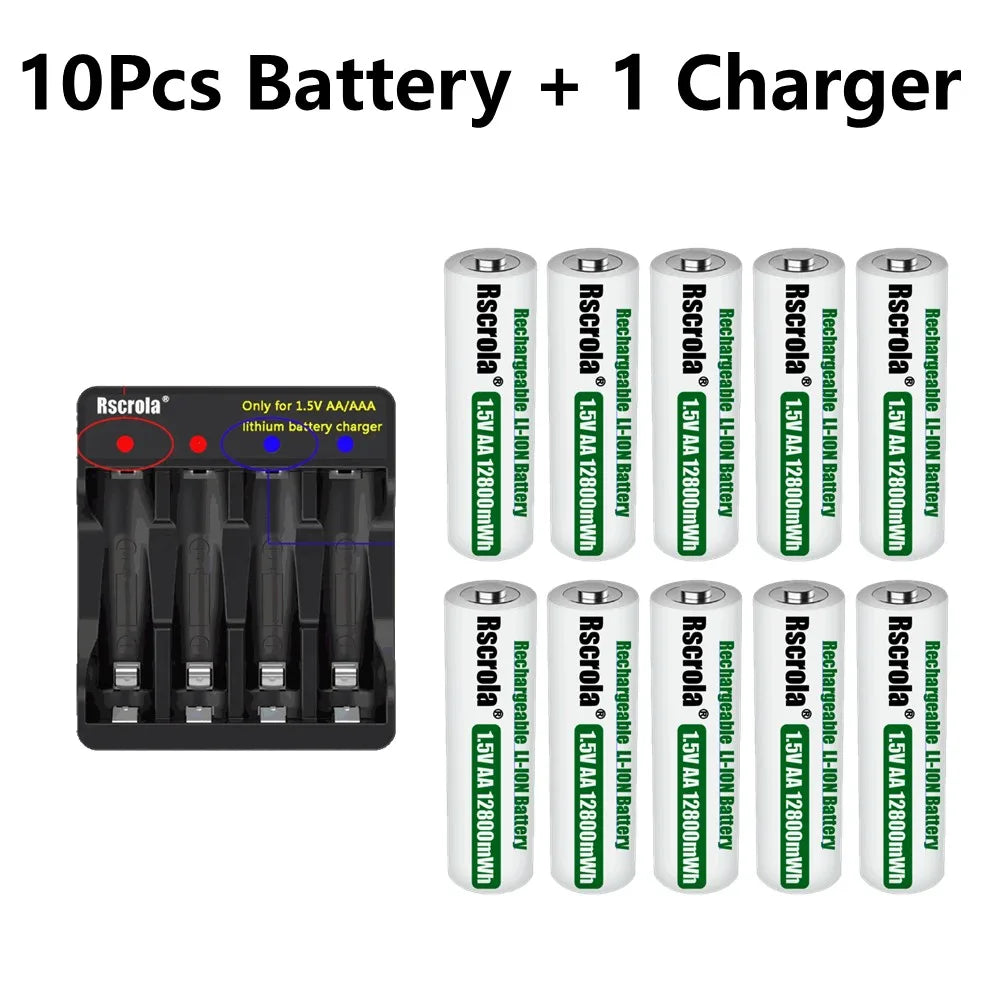 Rechargeable Lithium Battery AA 12800mWh Long-Lasting AA Rechargeable Batteries with Charger for Remote Controller Toys Doorbell