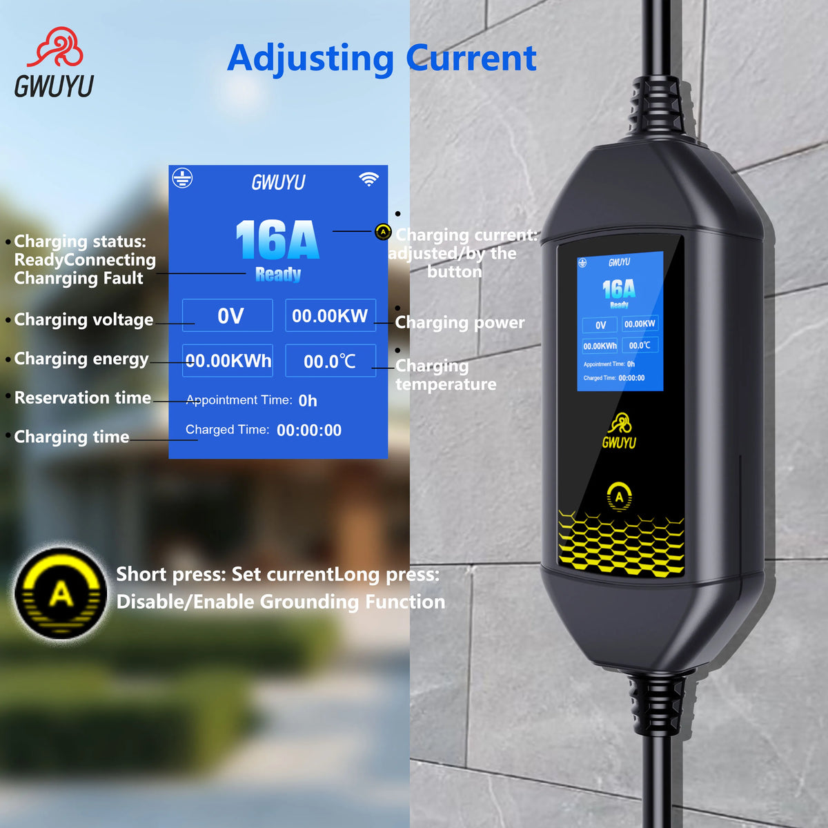 Portable EV Charger 3.5KW AC EV Charging Station Type2 J1772 GBT Portable EV Charging Pile with 2.8 Inch LCD Screen APP Control