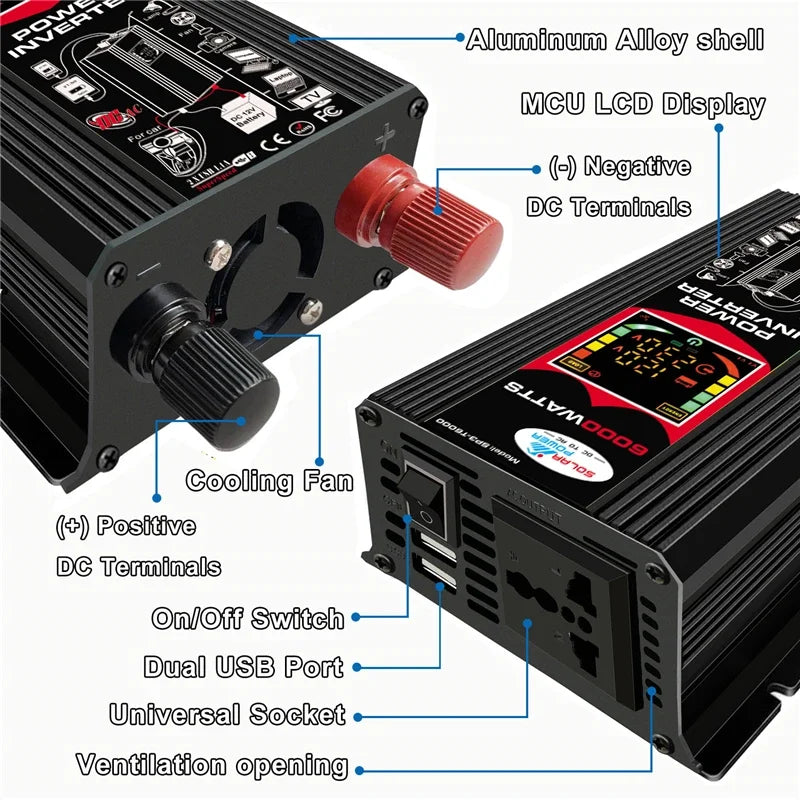 6000W Car Inverter 12V to 110V 220V Modified Sine Wave Power Supply Converter Adapter Voltage Transformer with Alligator clip