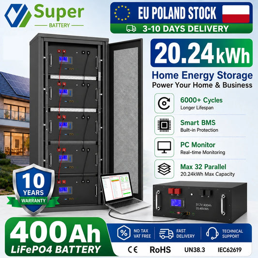 LiFePO4 48V 400Ah 20Kwh Battery 6500 Cycles 51.2V 100Ah 120Ah 150Ah 200Ah 300Ah 600Ah Lithium Solar Energy Storage AKKU EU STOCK