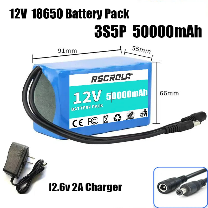Rechargeable 12V 18650 Lithium Battery Pack with BMS, for Solar, LED Light, RC Model, Power Supply, Long Cycle Life with Charger