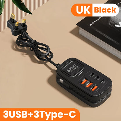 6 Ports USB Fast Charger Power Strip Desktop Charging Station Fast Charging EU/UK/US Plug USB HUB Adapter Socket 3Type C 3USB