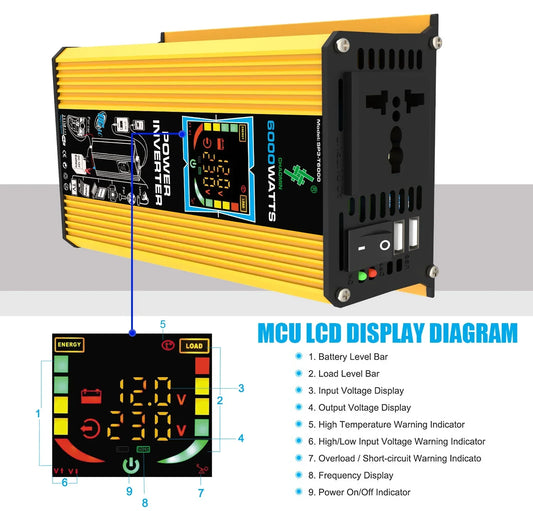 6000W Vehicle Solar Power Inverter DC 12V to AC 110V/220V with Dual USB Digital Display for RVs And Small Appliances