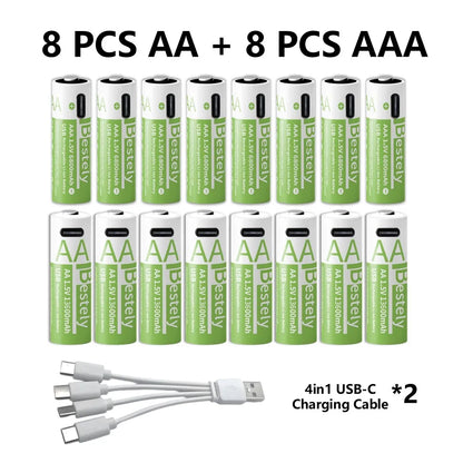 1.5V AA/AAA Li-ion Batteries 13600+6800mAh Ultra-Fast Charge 2000+ Cycles w/ free USB-C Cable for Toys, Remote Controls, Cameras