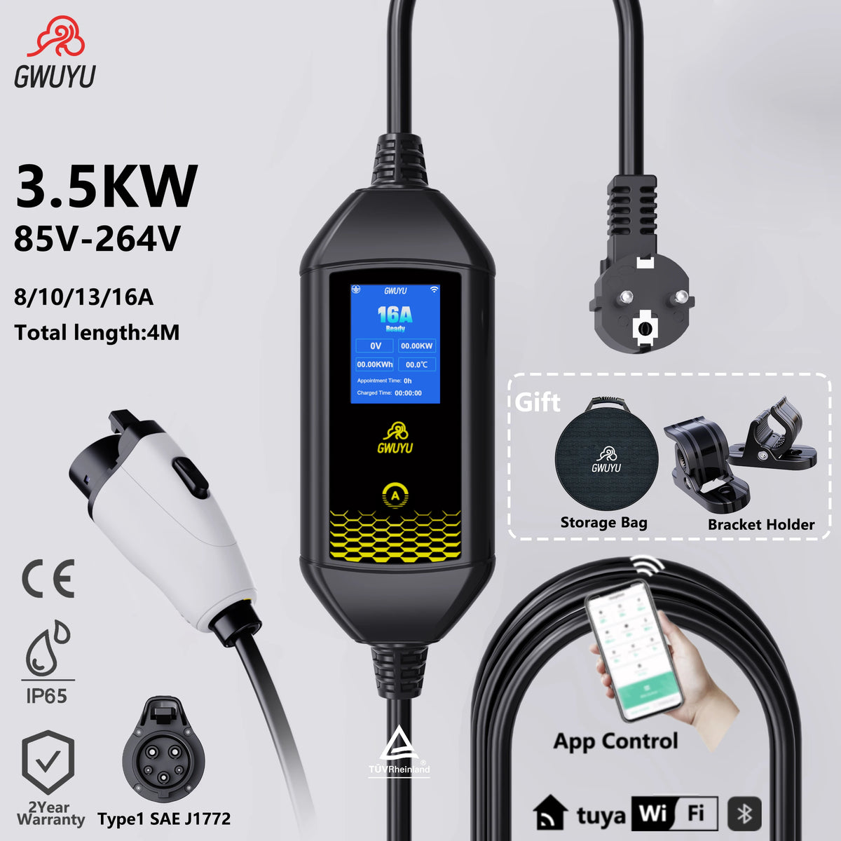 Portable EV Charger 3.5KW AC EV Charging Station Type2 J1772 GBT Portable EV Charging Pile with 2.8 Inch LCD Screen APP Control