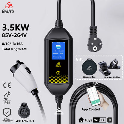 Portable EV Charger 3.5KW AC EV Charging Station Type2 J1772 GBT Portable EV Charging Pile with 2.8 Inch LCD Screen APP Control