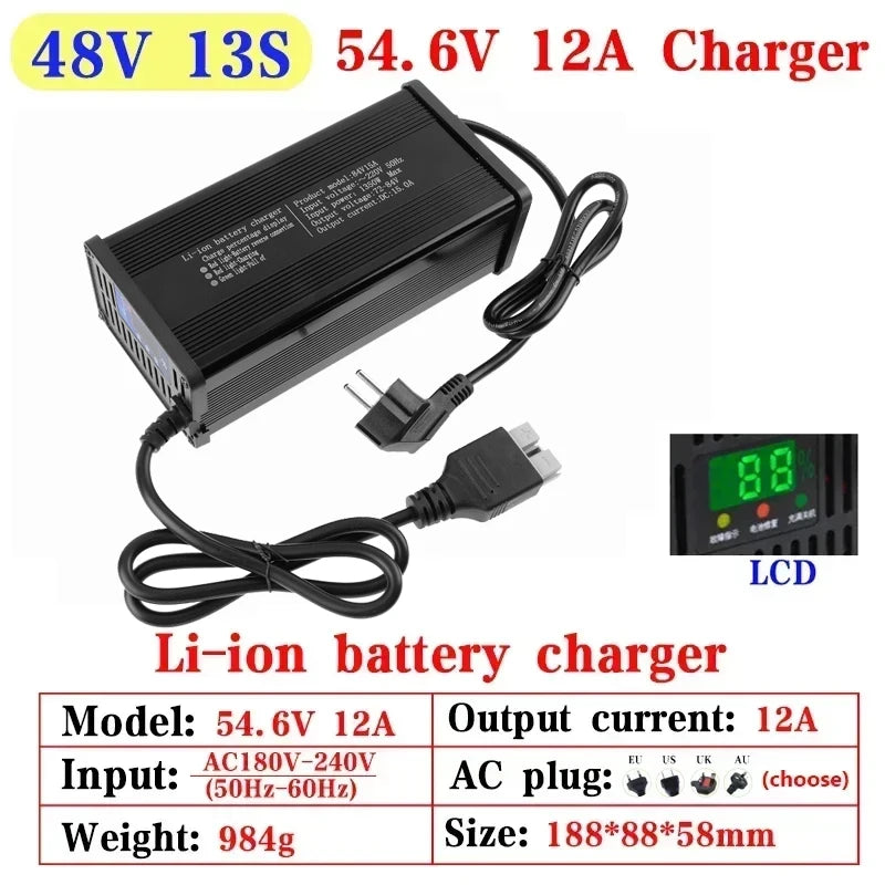 48V 60V 72V 5A 8A 10A 12A 15A 20A Lithium Ion Charger 13S 16S 20S 54.6V 67.2V 84V High-power Intelligent & Display Metal Shell