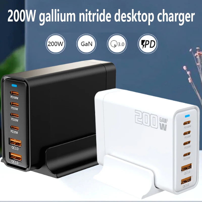200W Gallium Nitride Multi Port Charging Station - Electronic Devices for Mobile Phones/Tablets Can Be Charged Simultaneously