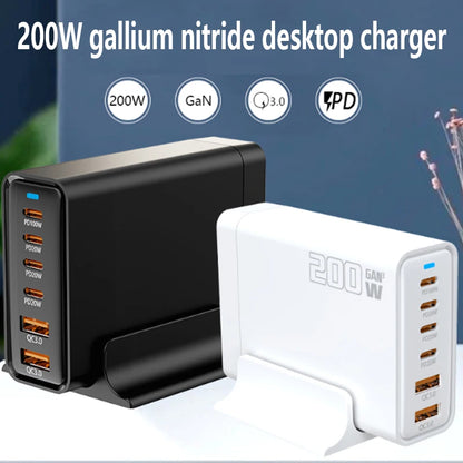 200W Gallium Nitride Multi Port Charging Station - Electronic Devices for Mobile Phones/Tablets Can Be Charged Simultaneously