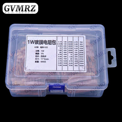 60Values 1W 2W 3W 5W 5% Carbon film resistors kit dip 0.1R 100R 200R 300R 1K 2K 3K Resistor  3W 5W 0.1R-3K