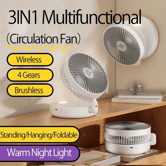2026New Rechargeable 3IN1 Multifunctional Portable Fan Wall Mounted Fan 90° Folding Fan 4 Gears With Warm Night Light