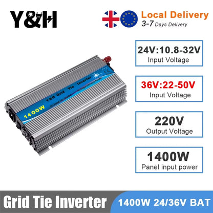 Y&H 1000W 1300W 1400W MPPT Grid Tie Solar Inverter 24V/36V DC to 220V AC Pure Sine Wave Converter for Solar Panels/Battery