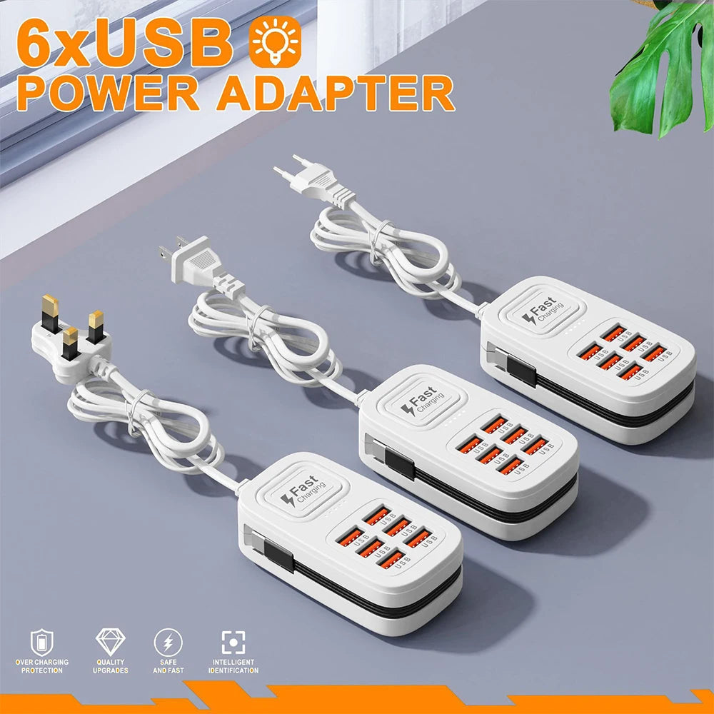 6 Ports USB Fast Charger Power Strip Desktop Charging Station Fast Charging EU/UK/US Plug USB HUB Adapter Socket 3Type C 3USB