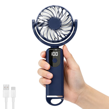 Rechargeable Travel Fan, Portable mini Handheld Fan, 5-Speed Wind Speed, LED Display, 90° Foldable Cooling Fan, Outdoor Camping