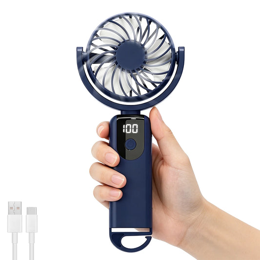 Rechargeable Travel Fan, Portable mini Handheld Fan, 5-Speed Wind Speed, LED Display, 90° Foldable Cooling Fan, Outdoor Camping
