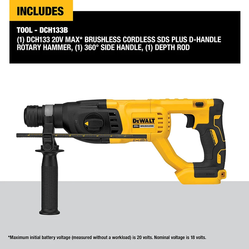 DEWALT Tools DCH133 Rotary Hammer 20V MAX Variable Speed Brushless Drill D-Handle Multifunctional Industrial Rechargeable Drill