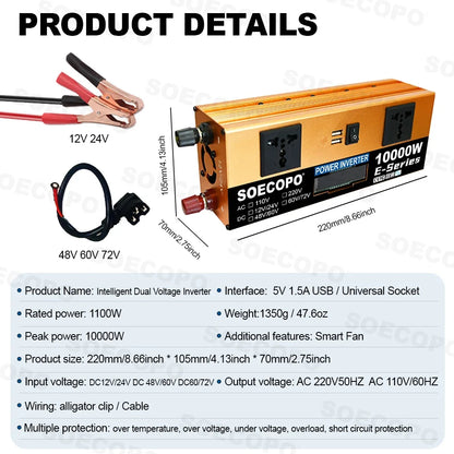 10000W Power Inverter 12V24V/48V/60V/60V72V 220V Run Refrigerator/Washing Machine with 2 AC Outlets for Solar System, Workshops