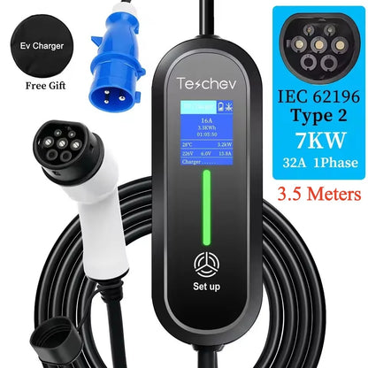 Teschev Type 1 Portable EV Charger 7KW 32A 1Phase Wallbox GBT EVSE Fast Charging Cable CEE Plug Electrical Home Charging Station
