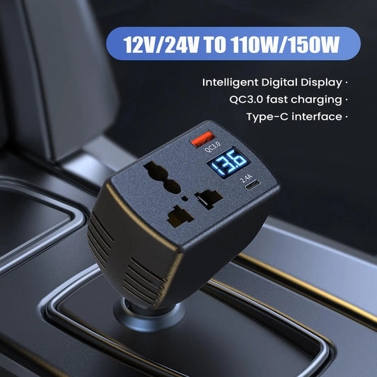 150W Car Inverter DC 12V to AC 220V Converter with Digital Display Type-C Port Adapter for Vehicle Charger Car Power Outlet
