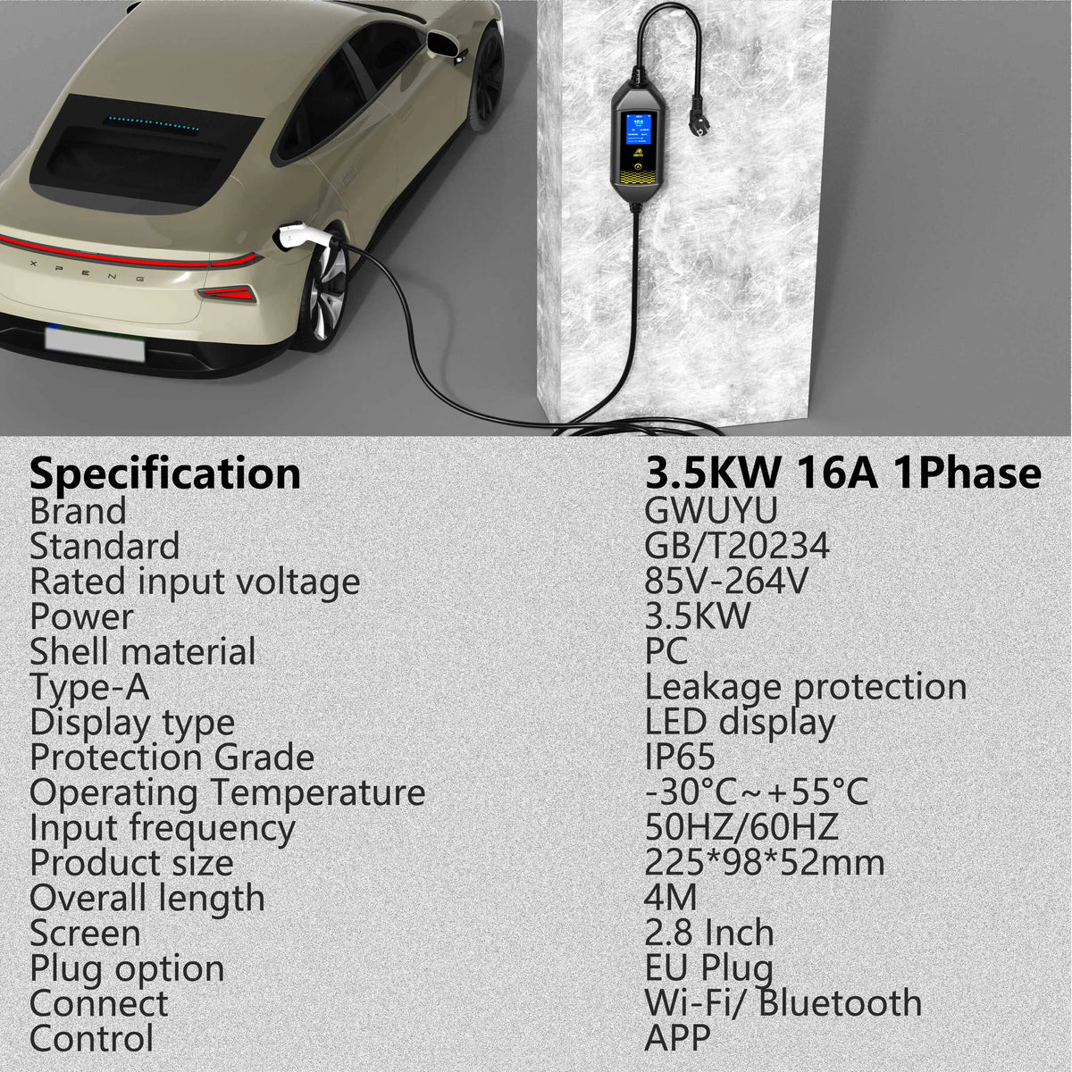 Portable EV Charger 3.5KW AC EV Charging Station Type2 J1772 GBT Portable EV Charging Pile with 2.8 Inch LCD Screen APP Control