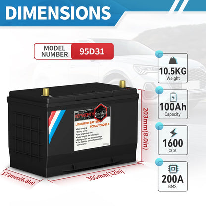 12V LiFePO4 Lithium Car Battery 70Ah 80Ah 100Ah 120Ah Jump Starter Battery Built in 200A BMS for Car, Automotive , SUV, Vehicle