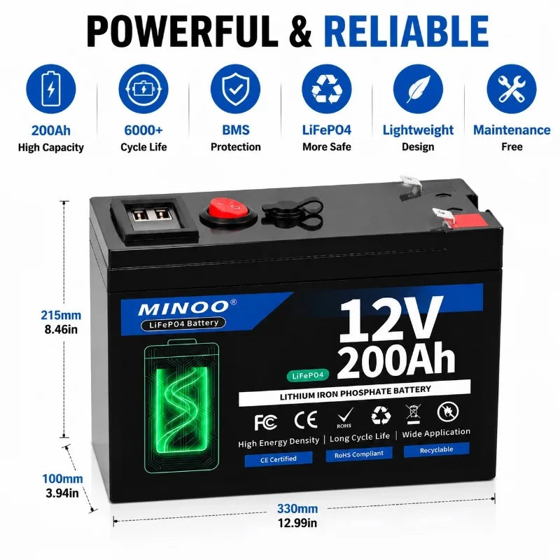 12 V 200Ah LiFePO4 Battery Lithium Iron Phosphate Rechargeable Battery With BMS 6000+ Cycles For Solar RV Marine Energy Storage