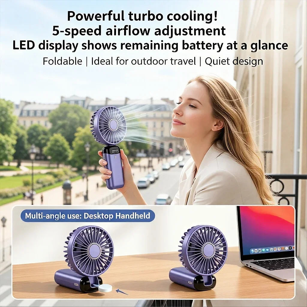 5000mAh Portable Handheld Mini Fan, Foldable, Can Be Hung on the Desk or Outdoors, Can Be Charged via USB, Equipped with LED Dig
