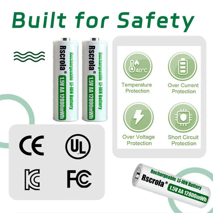 Rechargeable Lithium Battery AA 12800mWh Long-Lasting AA Rechargeable Batteries with Charger for Remote Controller Toys Doorbell