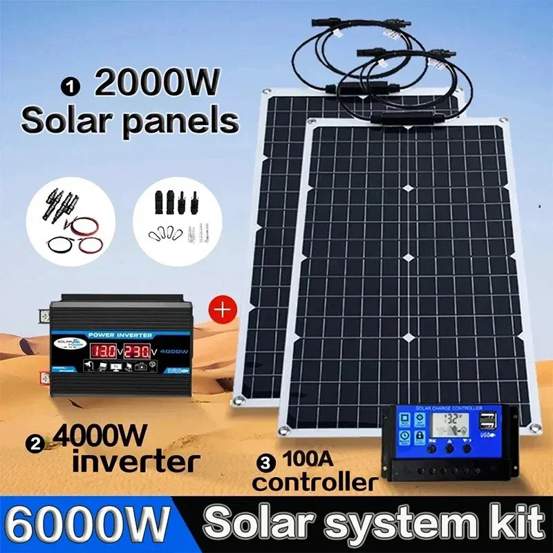 2000W All-in-One Solar Kit | 4000-6000W Inverter & Flexible Panel | 110V/220V Output for Home, Camping, Off-Grid Power