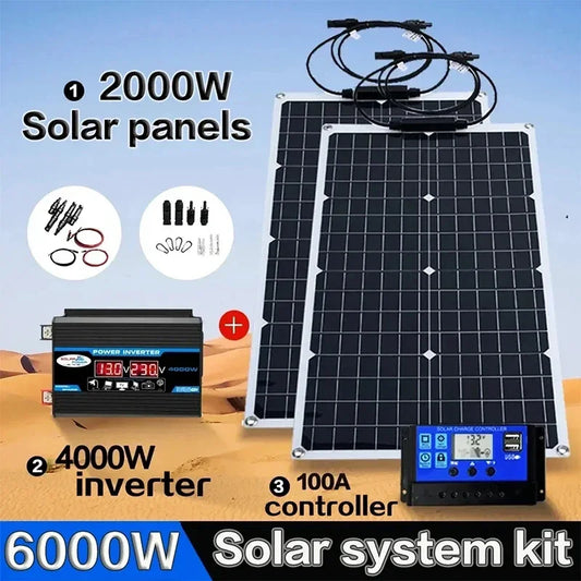 2000W All-in-One Solar Kit | 4000-6000W Inverter & Flexible Panel | 110V/220V Output for Home, Camping, Off-Grid Power