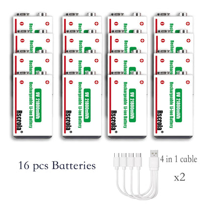 Long-Lasting 9V Lithium ion Rechargeable Battery 21800mWh High Capacity for Guitar Microphone Smoke Detector Pedal with Cable