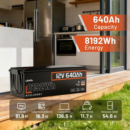 12V 640Ah LiFePO4 Battery, 8.19kWh Massive Capacity Lithium Battery with 250A BMS (3200W Output), Bluetooth & Low-Temp, Custom