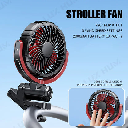 Rechargeable Car Clip Fan 2000mAh USB Portable Cooling Fan 360-Degree Rotation Fan for Seat/Office/Travel 3-Speed Strong Wind