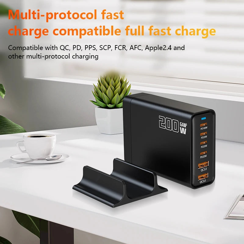200W Gallium Nitride Multi Port Charging Station - Electronic Devices for Mobile Phones/Tablets Can Be Charged Simultaneously
