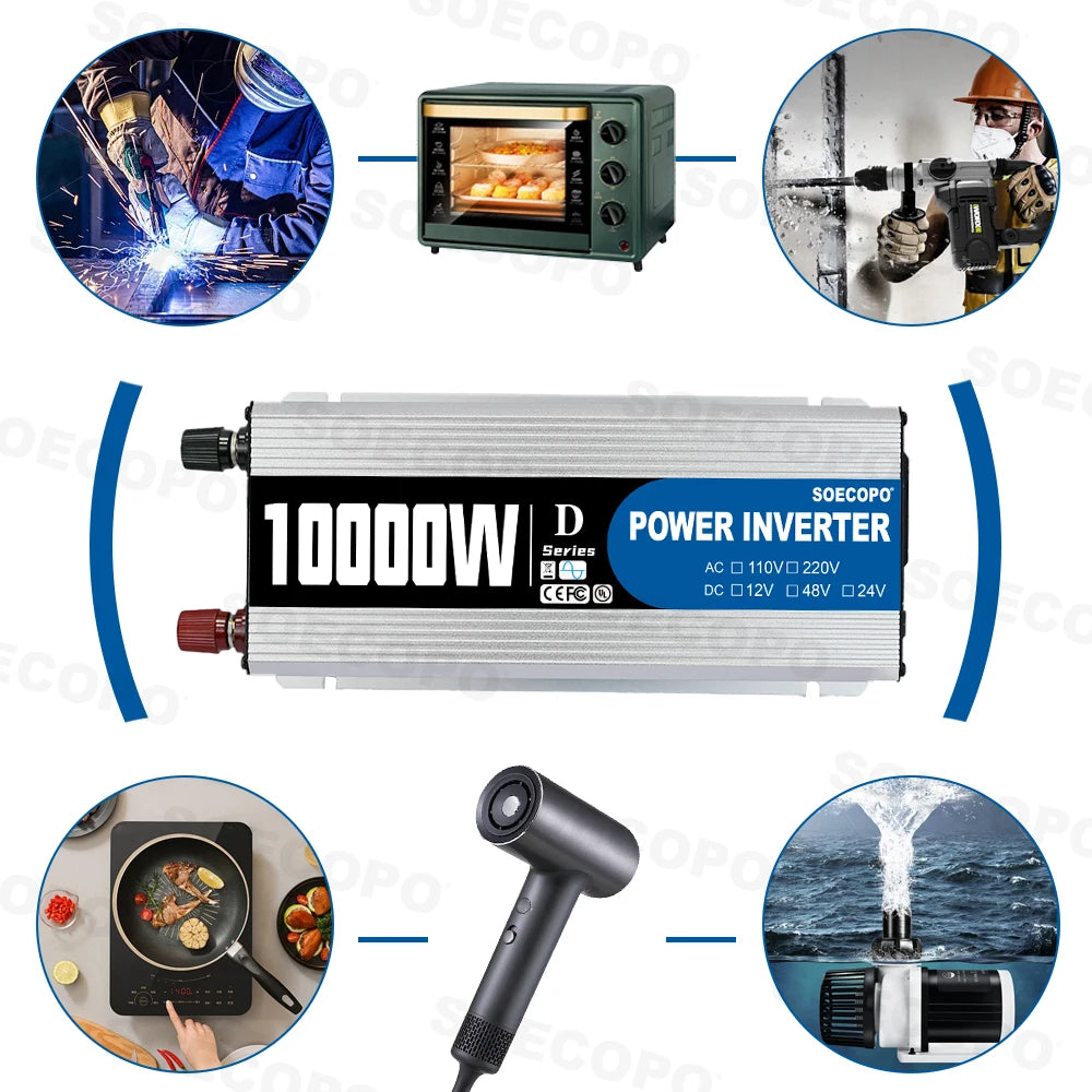 Smart Inverter 6000W-10000W DC 12V 24V 48V to AC 220V 50Hz Car Power Converter with USB Port for RV Truck Outdoor Camping Solar