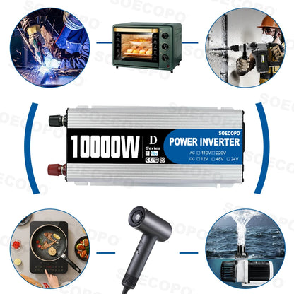 Smart Inverter 6000W-10000W DC 12V 24V 48V to AC 220V 50Hz Car Power Converter with USB Port for RV Truck Outdoor Camping Solar